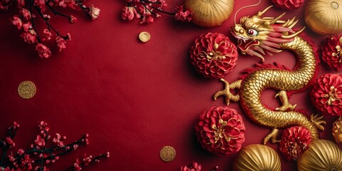 Enchanting 2025 Lunar New Year Celebration: Abstract Creative Snake Zodiac Design with Floral Motifs, Lanterns, and Red-Gold Elements. Artistic UI Background for Festive Marketing, Web Posters, and Dr