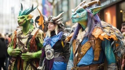 Fototapeta premium Cosplay enthusiasts in elaborate fantasy costumes at outdoor event, showcasing creativity, character design, and pop culture fandom