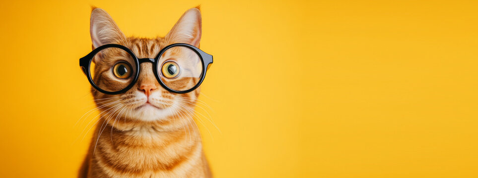 Cute orange tabby nerd geek cat with round glasses against a vibrant yellow background