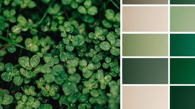 Biophilic interior design color palette featuring clover plants and green-beige hues