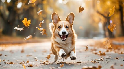 A corgi dog running in the park, smiling and happy with autumn leaves flying around it.