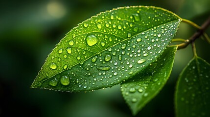 Glistening dew on fresh green leaf, macro photography, intricate details, high-resolution, soft morning light, natural textures, vibrant green color, crisp focus, shallow depth of field.