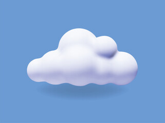 White 3d cloud isolated on a blue background. Cute cartoon trendy fluffy cloud icon in the blue sky. 3d geometric shape vector illustration