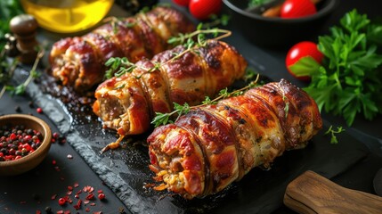 Rolls of baked meat. AI generative.