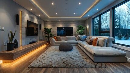 A contemporary basement escape with customizable LED strips, boasting a comfortable sectional sofa and a sleek TV setup for casual