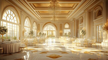 Obraz premium Luxurious golden ballroom, ornate crystal chandelier, gilded ceiling details, marble floor with golden veins, sunlight streaming through floor-to-ceiling windows, elegant white-clothed tables.