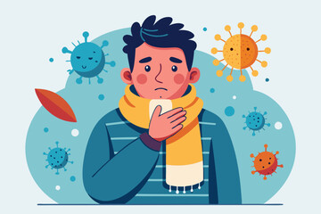 Sick man. Flu, viral disease. Vector illustration
