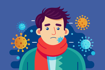 Sick man. Flu, viral disease. Vector illustration
