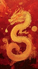 Obraz premium Majestic Dragon Zodiac: Vibrant 2024/2036 Lunar New Year Abstract Design. Auspicious Chinese Celebration with Floral Patterns, Lanterns, Red and Gold Elements. Artistic UI Background for Festive Marke