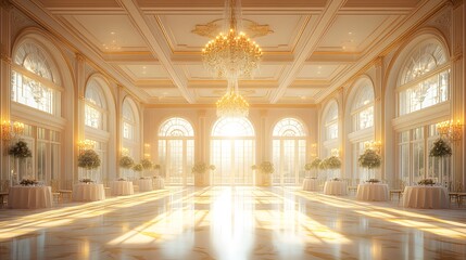 Fototapeta premium Luxurious golden ballroom, ornate crystal chandelier, gilded ceiling details, marble floor with golden veins, sunlight streaming through floor-to-ceiling windows, elegant white-clothed tables.