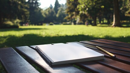 Blank notebook and pencil on a wooden bench in a park.