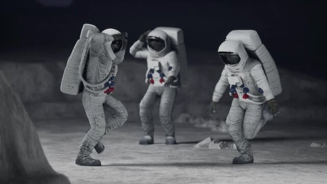 Three astronauts dance happily on the moon