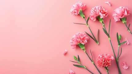 Fototapeta premium Beautiful pink carnations on a soft pastel background. The delicate flowers stand out elegantly. Perfect for floral design, wedding invitations, or romantic decor. AI