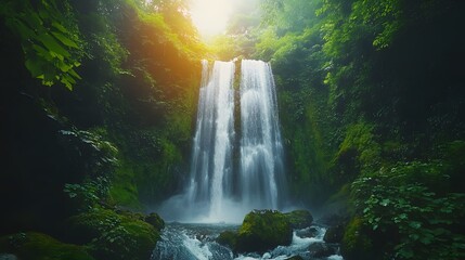 Majestic waterfall in dense forest, cascading water, moss-covered rocks, lush greenery, misty air, golden hour light, high-resolution nature photography, pristine environment.
