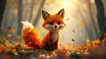 Naklejka premium Cute Fox Character Surrounded by Autumn Leaves
