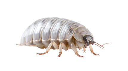 One isopod on a white background. Telephoto lens photography Realistic daylight