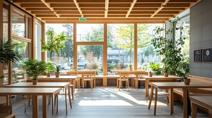 Minimalist coffee shop, wooden tables, cozy seating, large windows, natural light, potted plants, warm ambiance, high-resolution interior photography,  contemporary design.