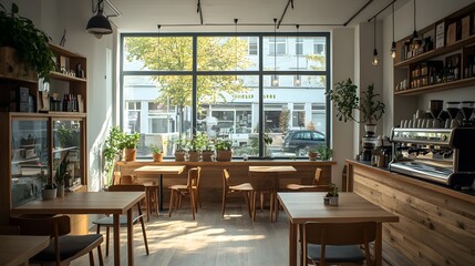 Minimalist coffee shop, wooden tables, cozy seating, large windows, natural light, potted plants, warm ambiance, high-resolution interior photography,  contemporary design.