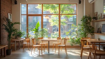 Obraz premium Minimalist coffee shop, wooden tables, cozy seating, large windows, natural light, potted plants, warm ambiance, high-resolution interior photography, contemporary design.