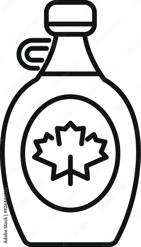 Poster simple line drawing of a bottle of maple syrup with a maple leaf, perfect for representing canadian 