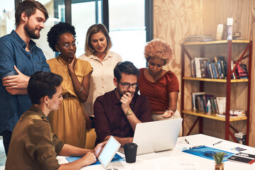 Business, people and mentor with discussion on laptop for induction training, onboarding and...