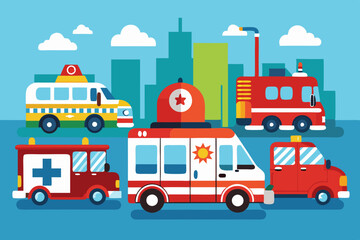 Fototapeta premium Set of emergency vehicles. Police car, ambulance and fire truck 