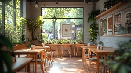 Minimalist coffee shop, wooden tables, cozy seating, large windows, natural light, potted plants, warm ambiance, high-resolution interior photography,  contemporary design.