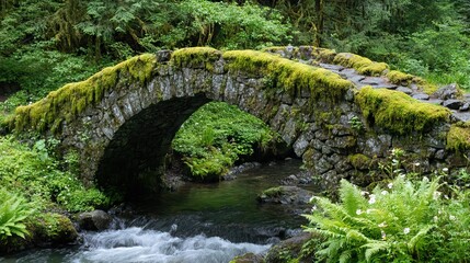 Ancient Stone Bridge Covered in Moss Arching Over a Bubbling Stream, with Ferns and Wildflowers Growing Along the Banks. AI generated illustration