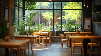 Fototapeta premium Minimalist coffee shop, wooden tables, cozy seating, large windows, natural light, potted plants, warm ambiance, high-resolution interior photography, contemporary design.
