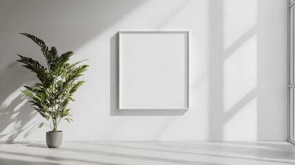 Minimalist interior with large empty picture frame on pure white wall, natural light from window casting soft shadows, indoor plant with green leaves in corner, modern and clean aesthetic.