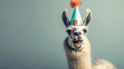 A llama wearing a birthday hat with a big smile.