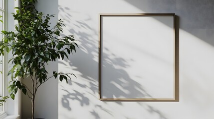 Minimalist interior with large empty picture frame on pure white wall, natural light from window casting soft shadows, indoor plant with green leaves in corner, modern and clean aesthetic.