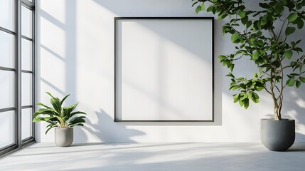 Minimalist interior with large empty picture frame on pure white wall, natural light from window casting soft shadows, indoor plant with green leaves in corner, modern and clean aesthetic.