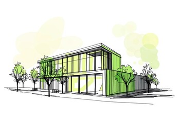 Modern architectural sketch of a green building , symbolizing sustainable design and eco-friendly construction.