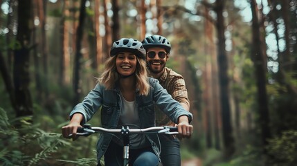 Fototapeta premium A young couple is riding a bicycle through a forest, laughing.