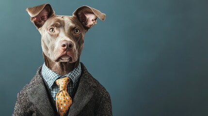 Dog in a smart blazer and tie, posing like a business professional.