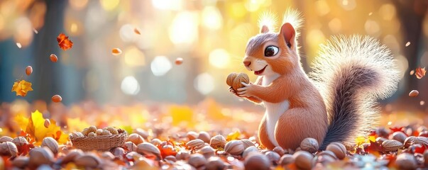 Naklejka premium Squirrel character with autumn nuts, forest background, 3D illustration