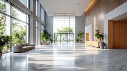 Modern bright lobby, minimalist interior design, sunlit corridor, recessed LED ceiling lights, floor-to-ceiling windows, polished marble flooring, wooden accent wall, sleek furniture.