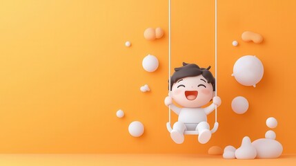 Character on a swing, joyful expression, 3D illustration