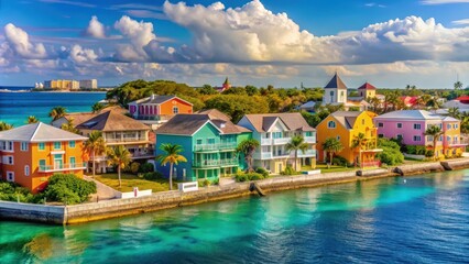 Fototapeta premium Colorful homes lining the scenic coastline of Nassau, Bahamas, colorful, homes, Nassau, coastline, Bahamas, tropical
