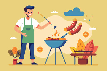 Man is cooking a barbecue grill. Fry meat and sausages on fire. Vector illustration
