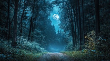 Obraz premium Moonlit Path Through a Dense Forest with Tall Trees and Patches of Moonlight Illuminating the Way. AI generated illustration