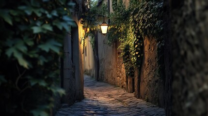 Narrow Alleyway in an Ancient Village with Cobblestone Streets, Ivy-Covered Walls, and Soft Lantern Light Illuminating the Path. AI generated illustration