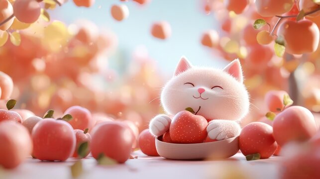 Animated cat character picking apples in orchard, cheerful mood, 3D illustration