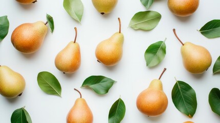 Obraz premium Close up pears and leaves on a white background. Pear fruit texture