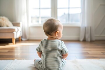 Fototapeta premium Baby Sitting On White Rug Looking Out Window.
