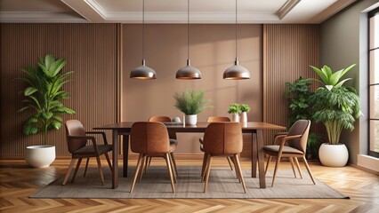Fototapeta premium Minimalist retro style dining room with brown tone decor, chairs, and plants , retro, minimalist, dining room, brown tones