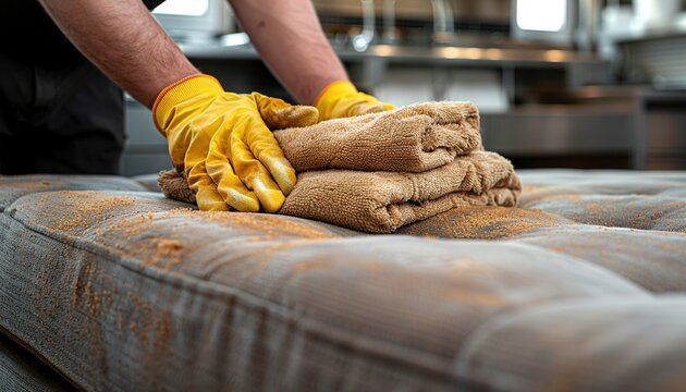 Dry cleaner's employee hand cleaning dirty sofa with professionally extraction method. 