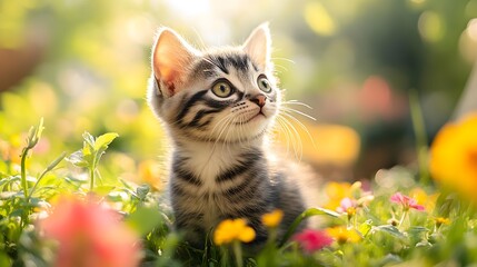Obraz premium Playful kitten in garden, lush green grass, bright flowers, curious expression, sunlight filtering through trees, shallow depth of field, high-resolution pet photography, joyful atmosphere.