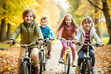 Naklejka premium Group of Happy Children Riding Bicycles in Autumn Park